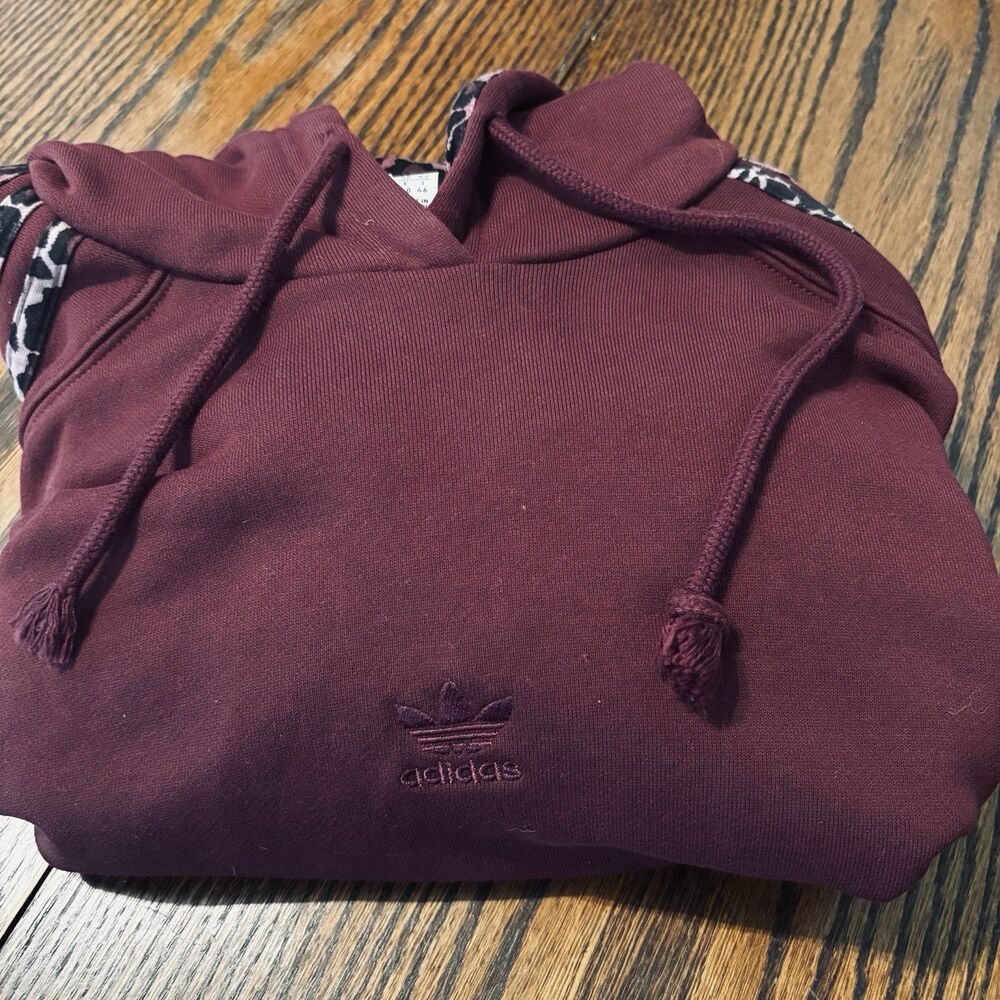 Adidas Adicolor Leopard Logo Cropped Hoodie Sweatshirt Burgundy Women's Size M - Picture 11 of 11
